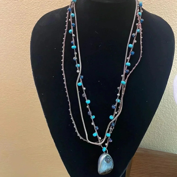 Blue Glass Bead Triple‎ layer necklace - Picture 1 of 3